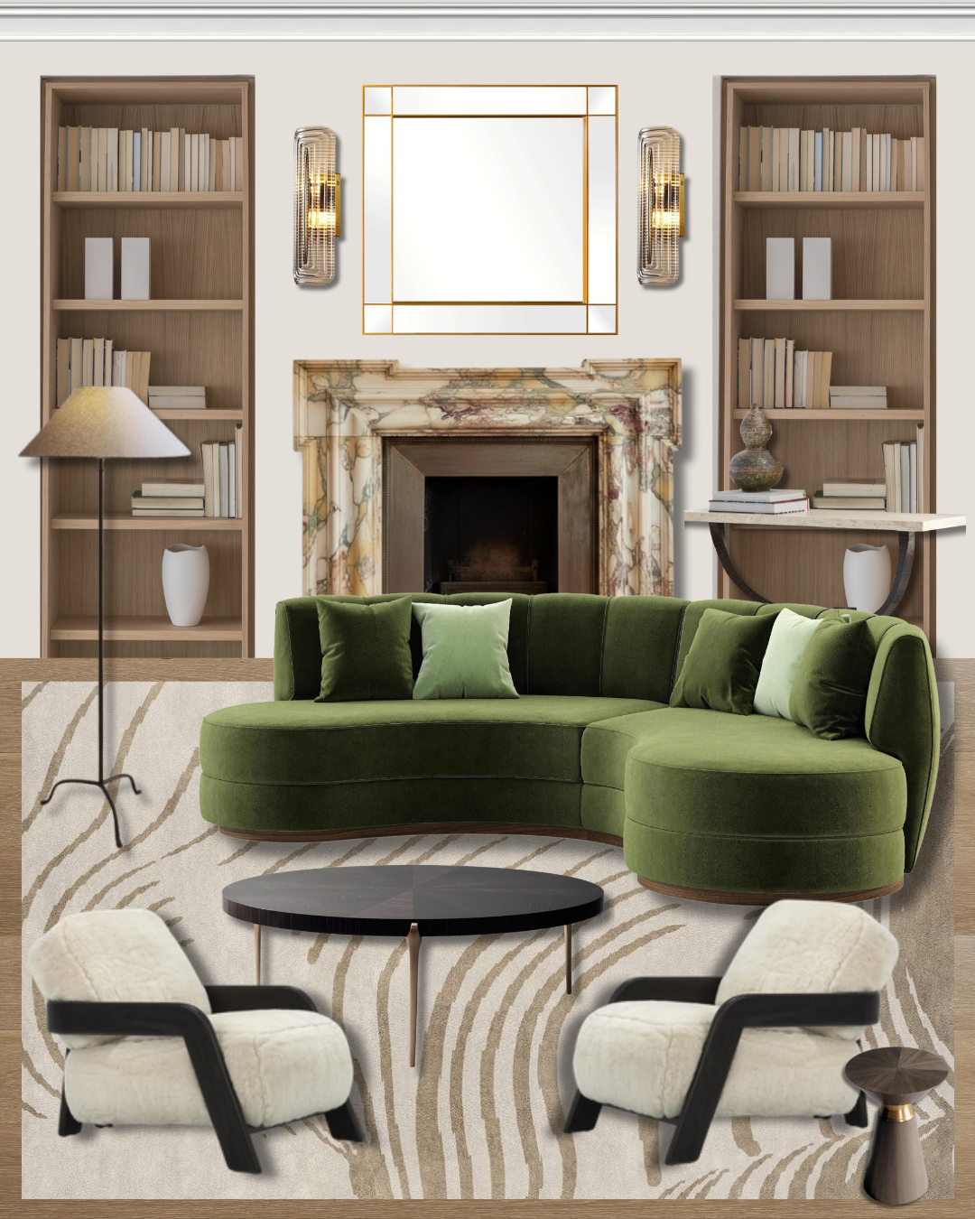 Historic Beacon Hill living room design featuring a curved green velvet sofa, a Breche de Vendome marble fireplace mantle, brass sconces, and a striated area rug, by Nubuor Designs.