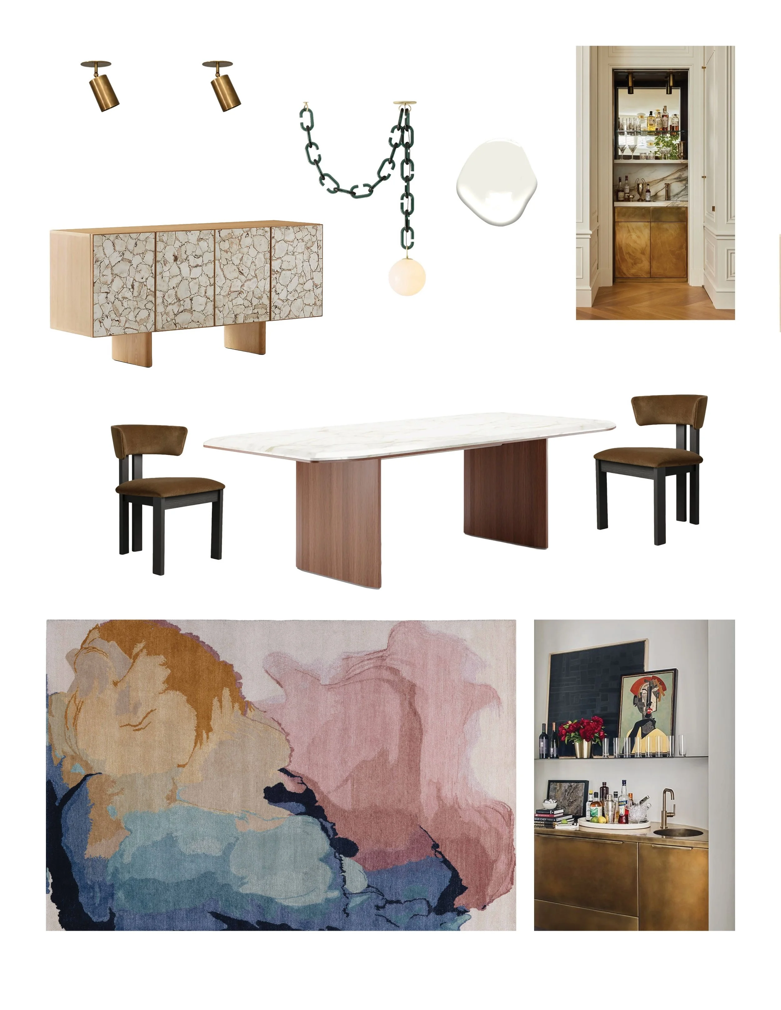 Dining room interior design mood board showing furniture, rugs, lighting, fabrics, for a room redesign. This home is located in Belmont Massachusetts.