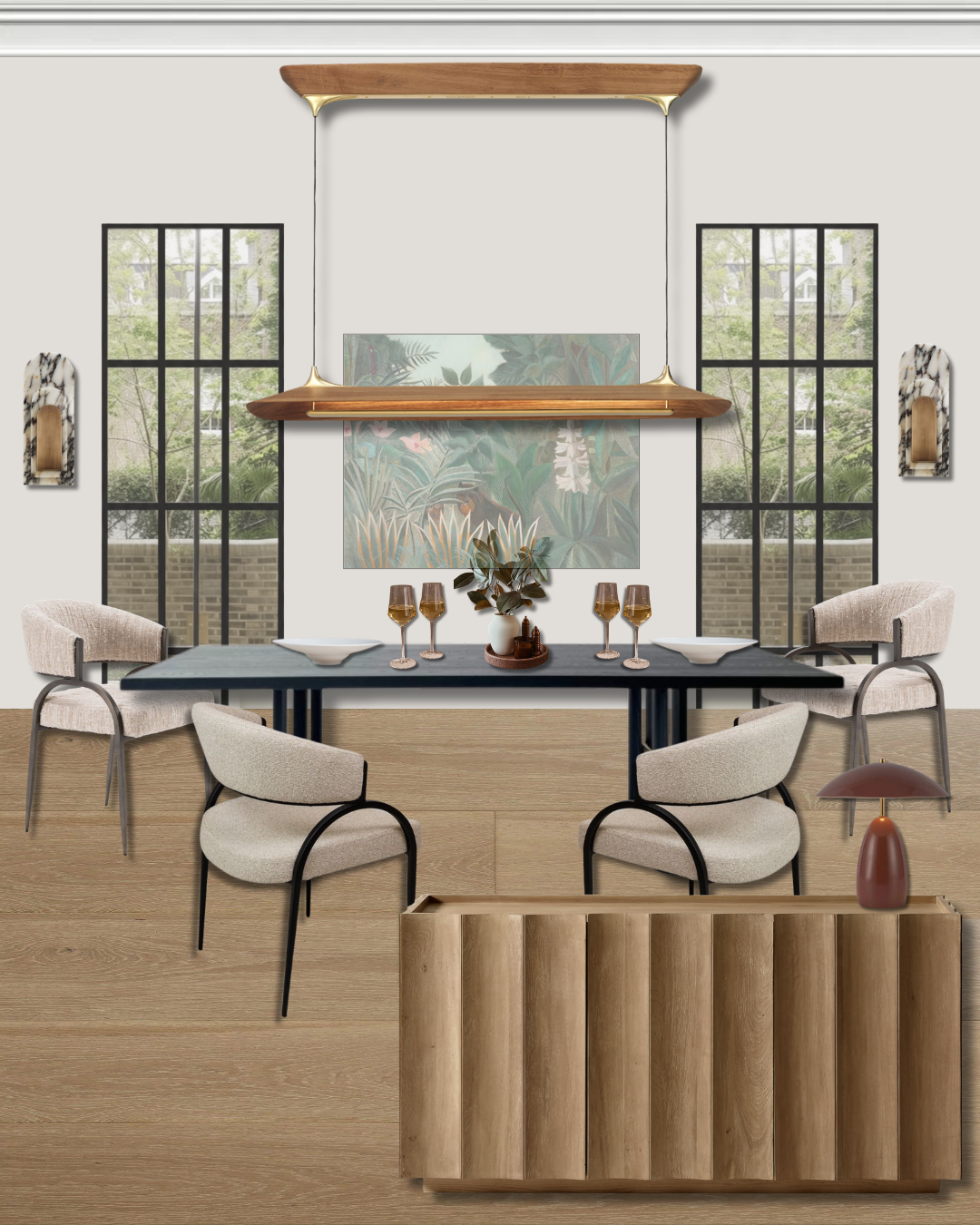 Beacon Hill dining room design with a black dining table, cream boucle chairs, a wood and brass linear pendant light, and botanical wall art between tall windows, by Nubuor Designs.