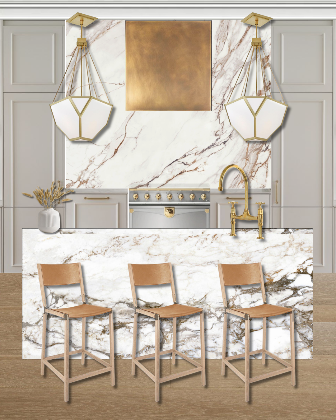 Beacon Hill kitchen design with gray cabinetry, a veined marble island and backsplash, brass pendant lighting, a brass range, and leather counter stools, by Nubuor Designs.