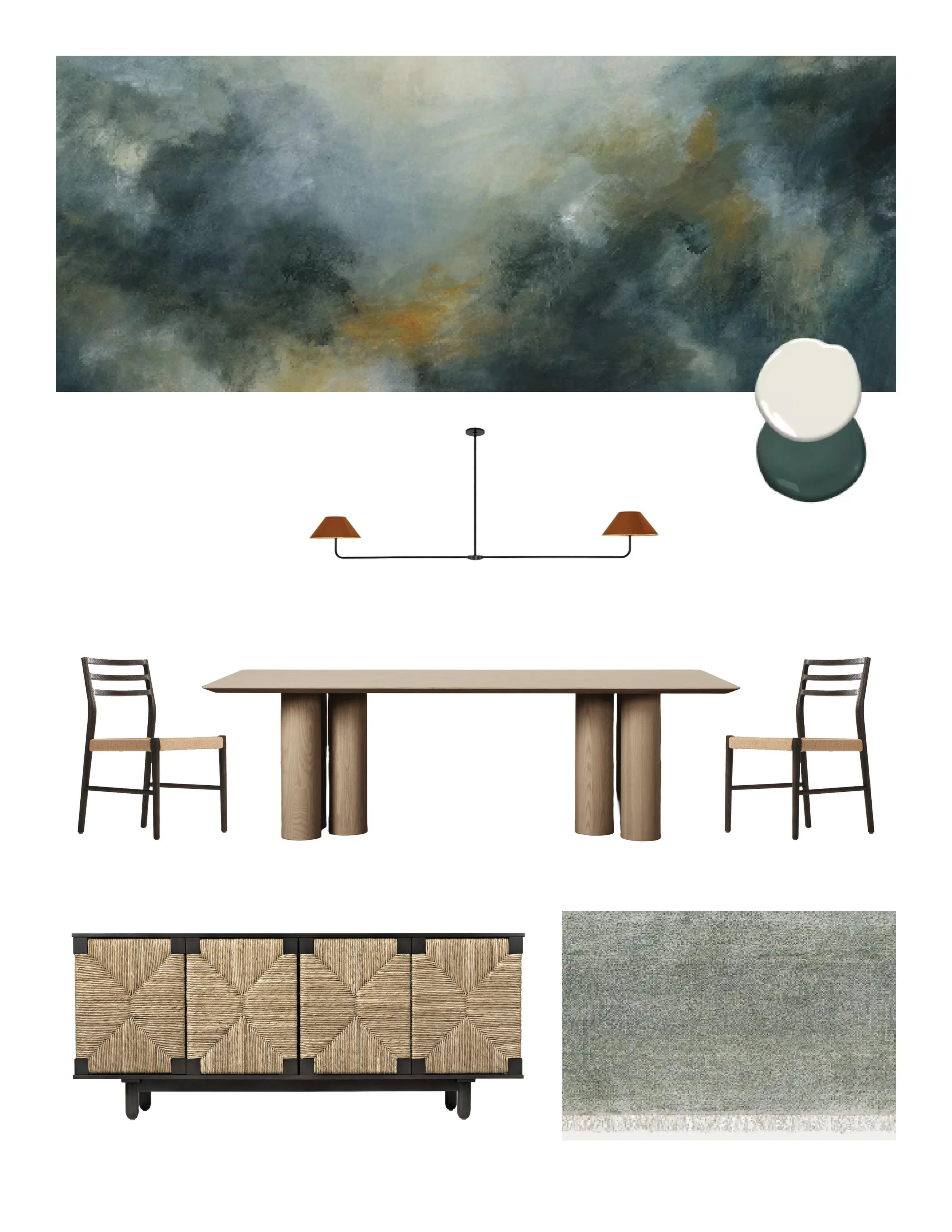 A modern dining room setup with a large abstract painting, a ceiling light, two chairs, a rectangular wooden table, a sideboard with woven front panels, a green and cream decorative bowl, and a green area rug.