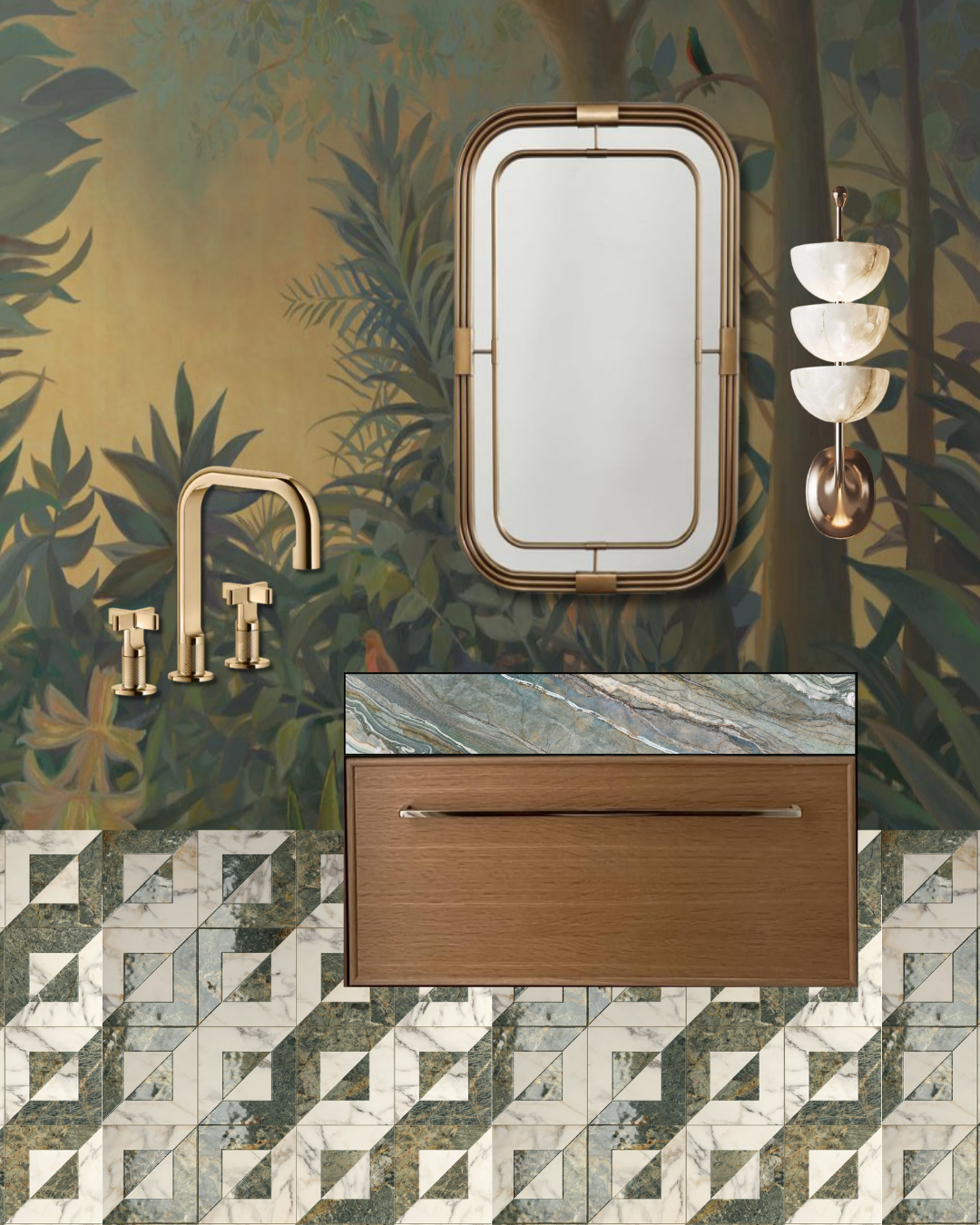 Beacon Hill powder bathroom design with botanical mural wallpaper, a brass framed mirror and faucet, a wood vanity with a green stone top, and geometric marble floor tile, by Nubuor Designs.