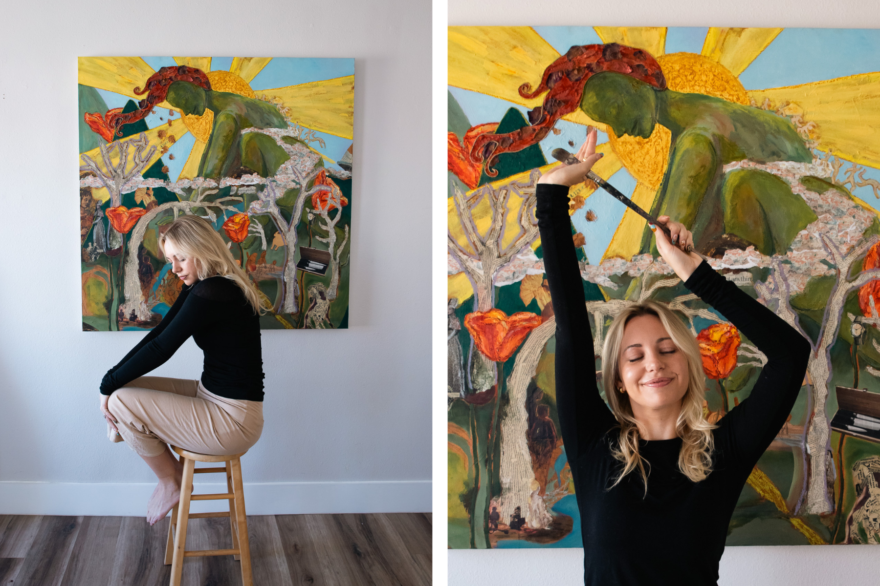 A woman in black long sleeve shirt and beige pants sitting on a wooden stool with her eyes closed and head tilted downward in front of a colorful painting of a woman with sun rays in the background. In another part of the image, the same woman is holding a paintbrush above her head with a smile, standing in front of the same painting.
