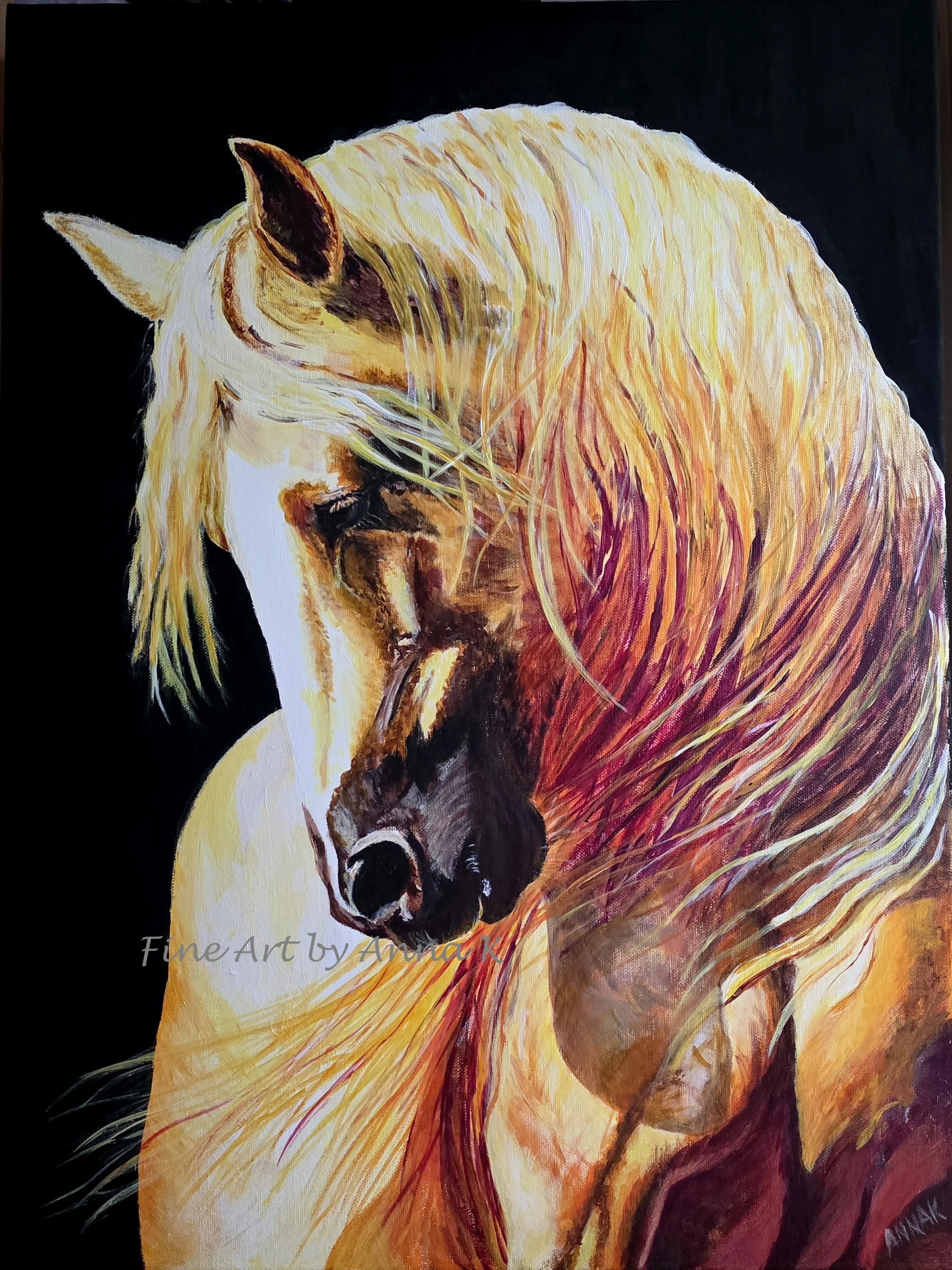 The Fire Starter;  
Acrylic on Canvas;  18" x 24"; 
The Year of the Fire Horse challenges you to light your fire, take action, be bold, have courage to be the best you can be. Light the fire within.