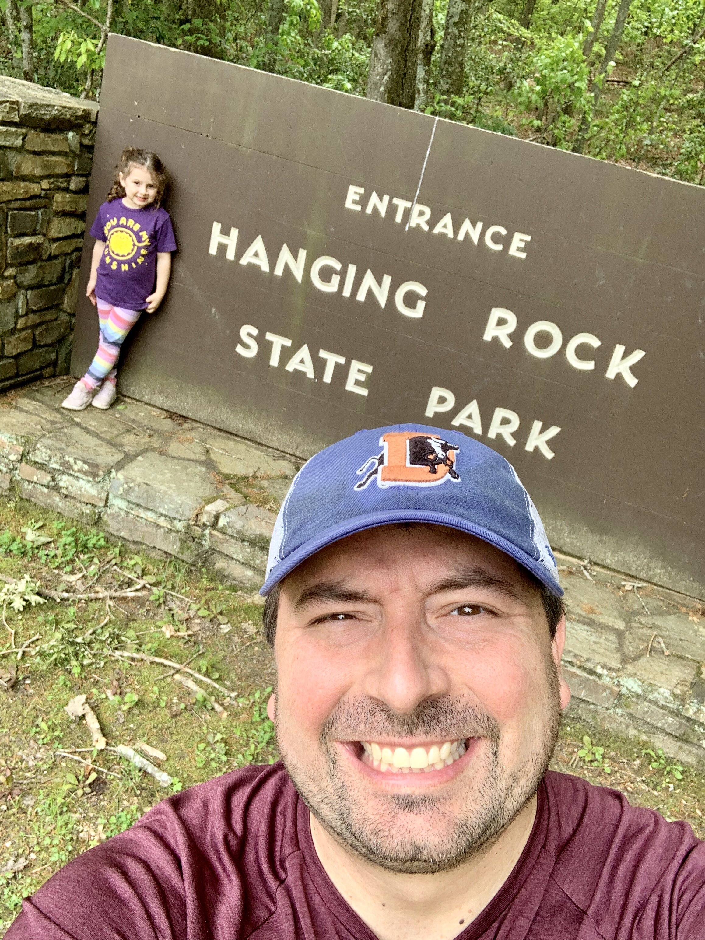 Our park selfie at the entrance to Hanging Rock State Park