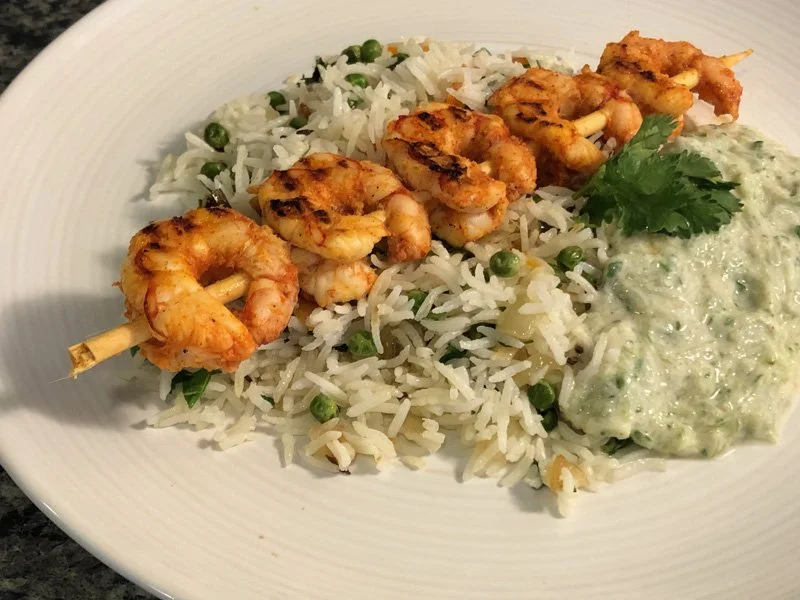 Grilled Tandoori Shrimp Skewers with Vegetable Pulao