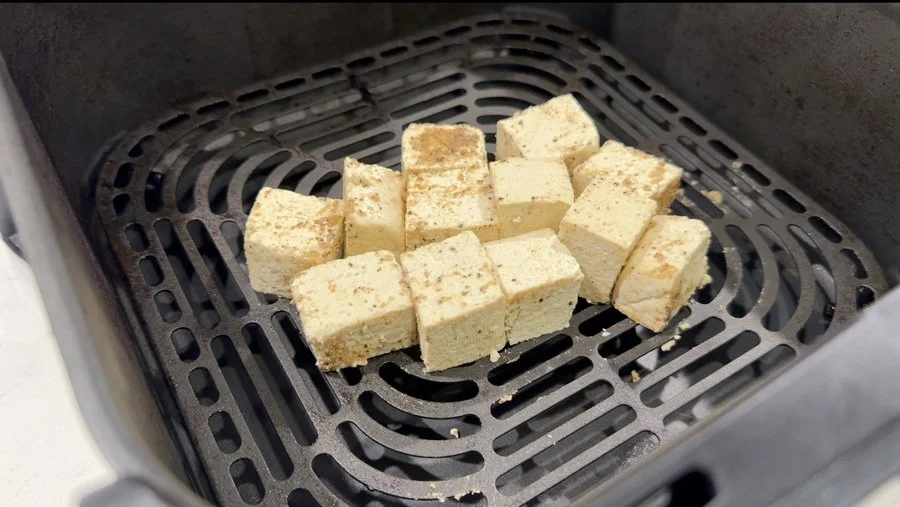 tofu overcrowded in the air fryer basket