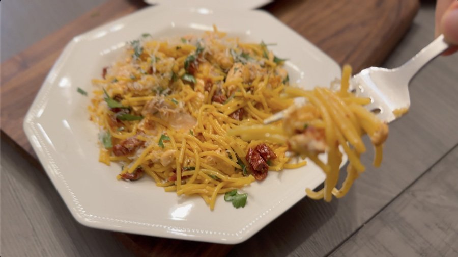 picture of a bite of lemon salmon spaghetti