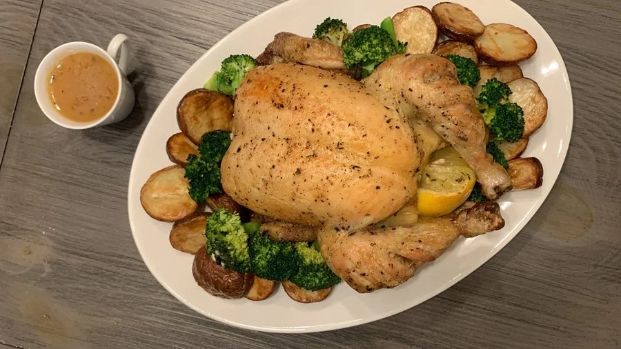 topdown view of whole roast chicken