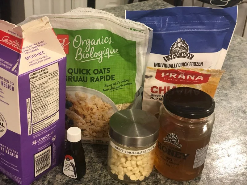 ingredients for blueberry oatmeal with honey and chia seeds