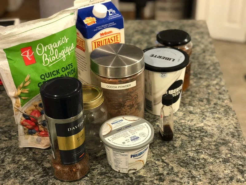 photo of ingredients for chocolate espresso cheesecake overnight oats