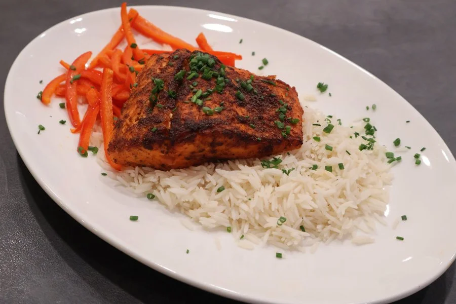 air fryer salmon with rice and peppers photo