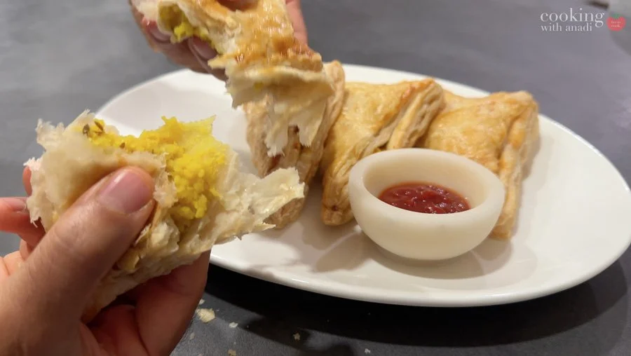 breaking apart aloo puff patty