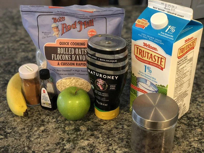 ingredients for apple banana chocolate chip oatmeal