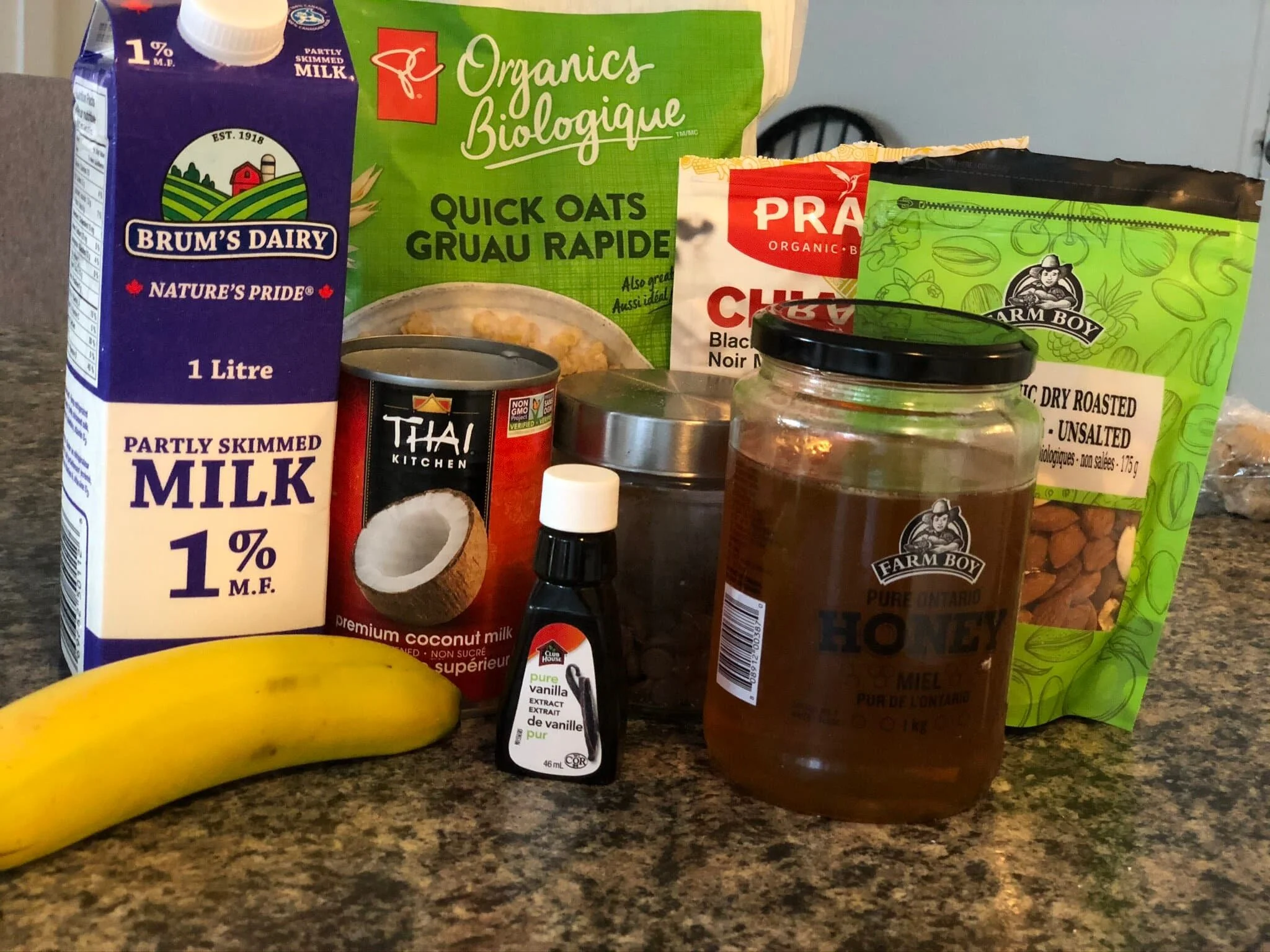 ingredients for coconut banana chocolate overnight oats