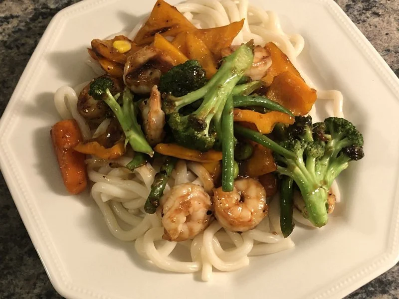 closeup of teriyaki shrimp stir fry