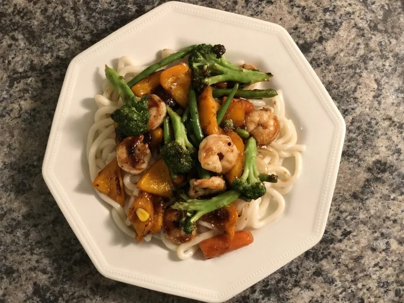 picture of shrimp teriyaki stir fry with udon noodles