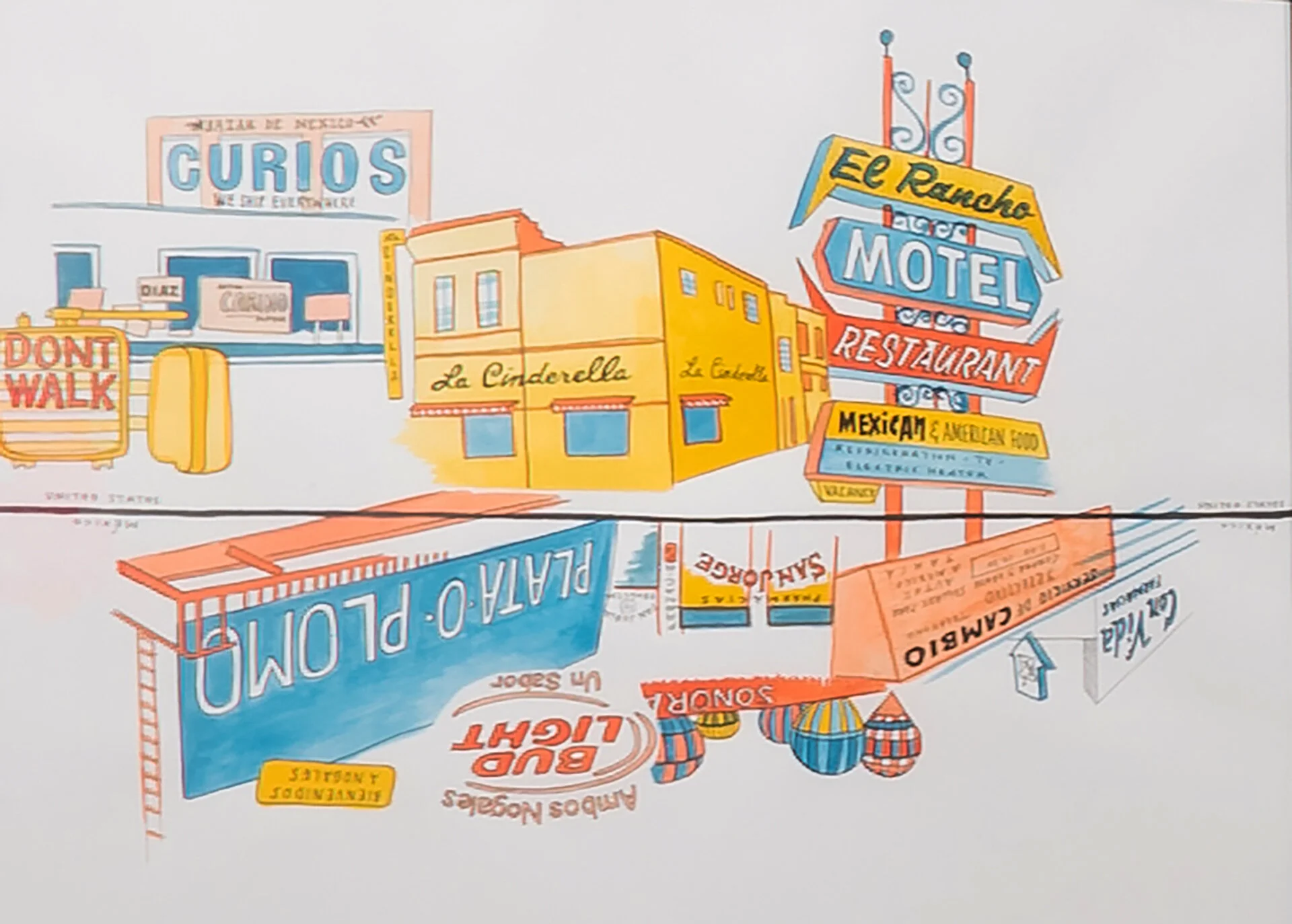 Nogales, Ambos Nogales, watercolor, gouache, ink on paper, 2018