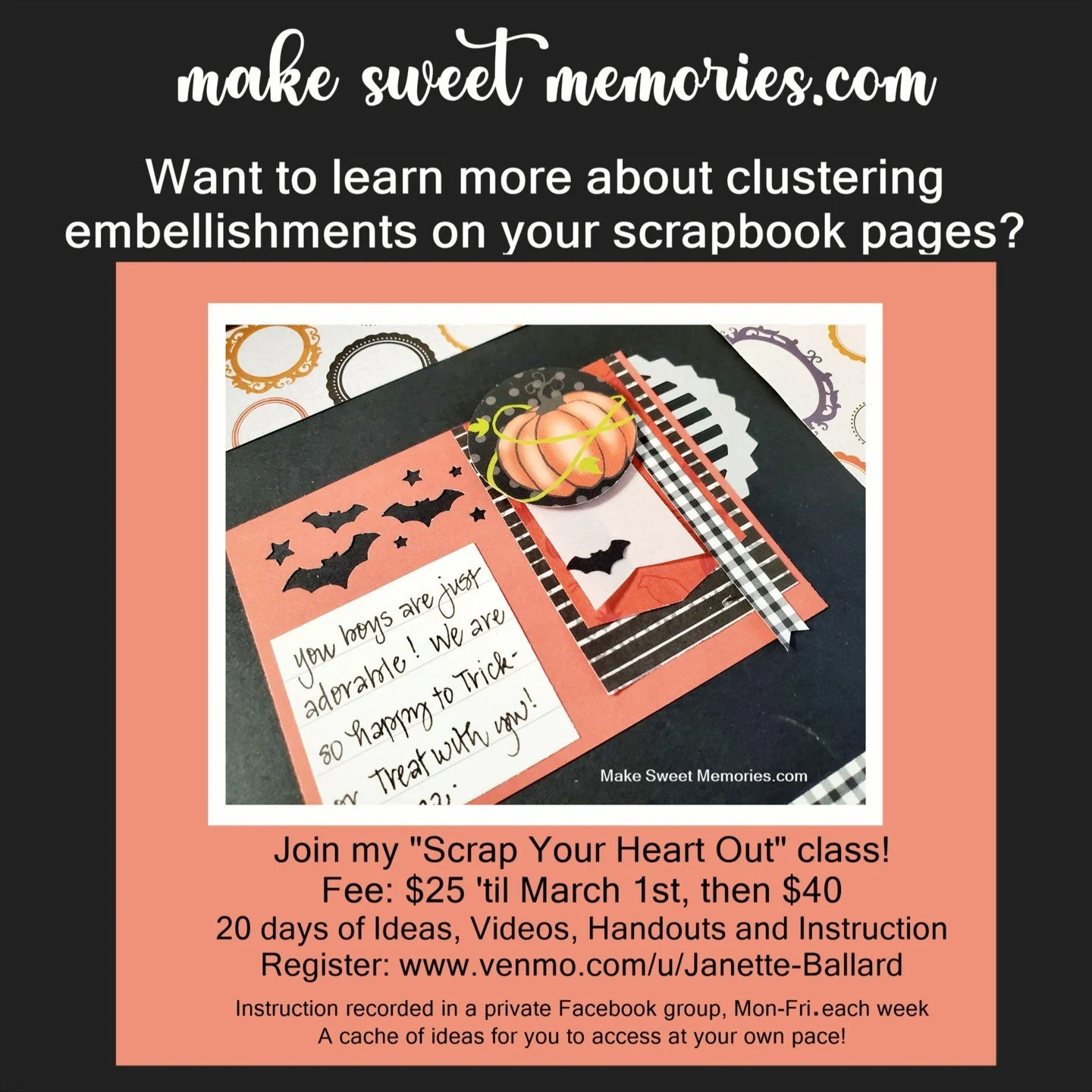 I have a class with a TON of ideas here to motivate you to complete some classic but fun scrapbook pages! Everything is recorded for you to access at your own pace. Class happens every day, Monday- Friday as I create a 2 page spread in front of you a