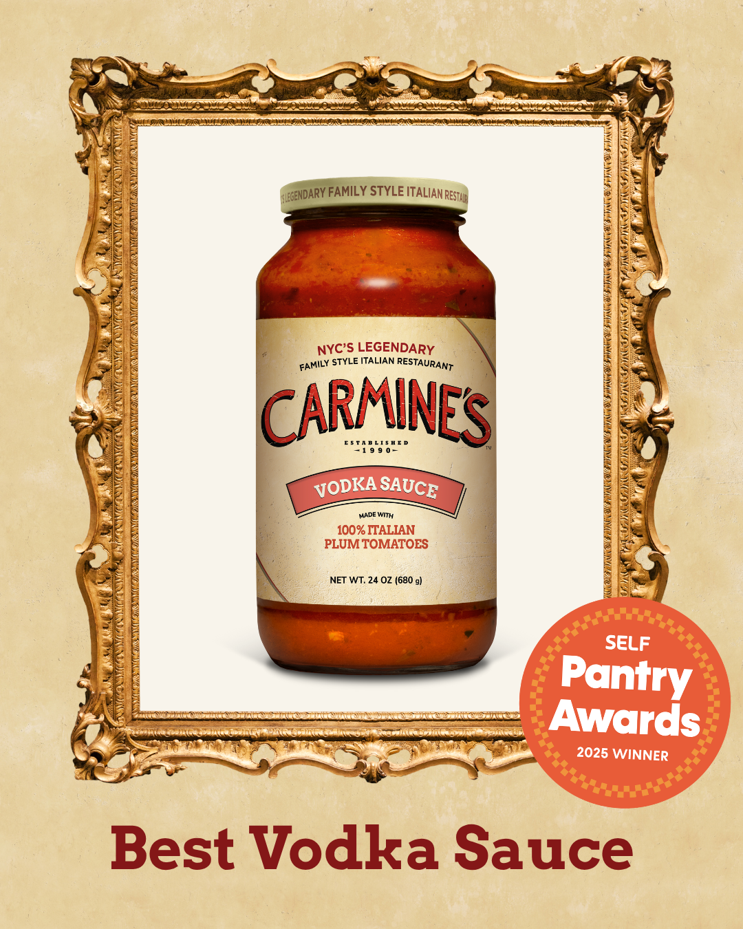 Carmine’s vodka sauce award promotional graphic