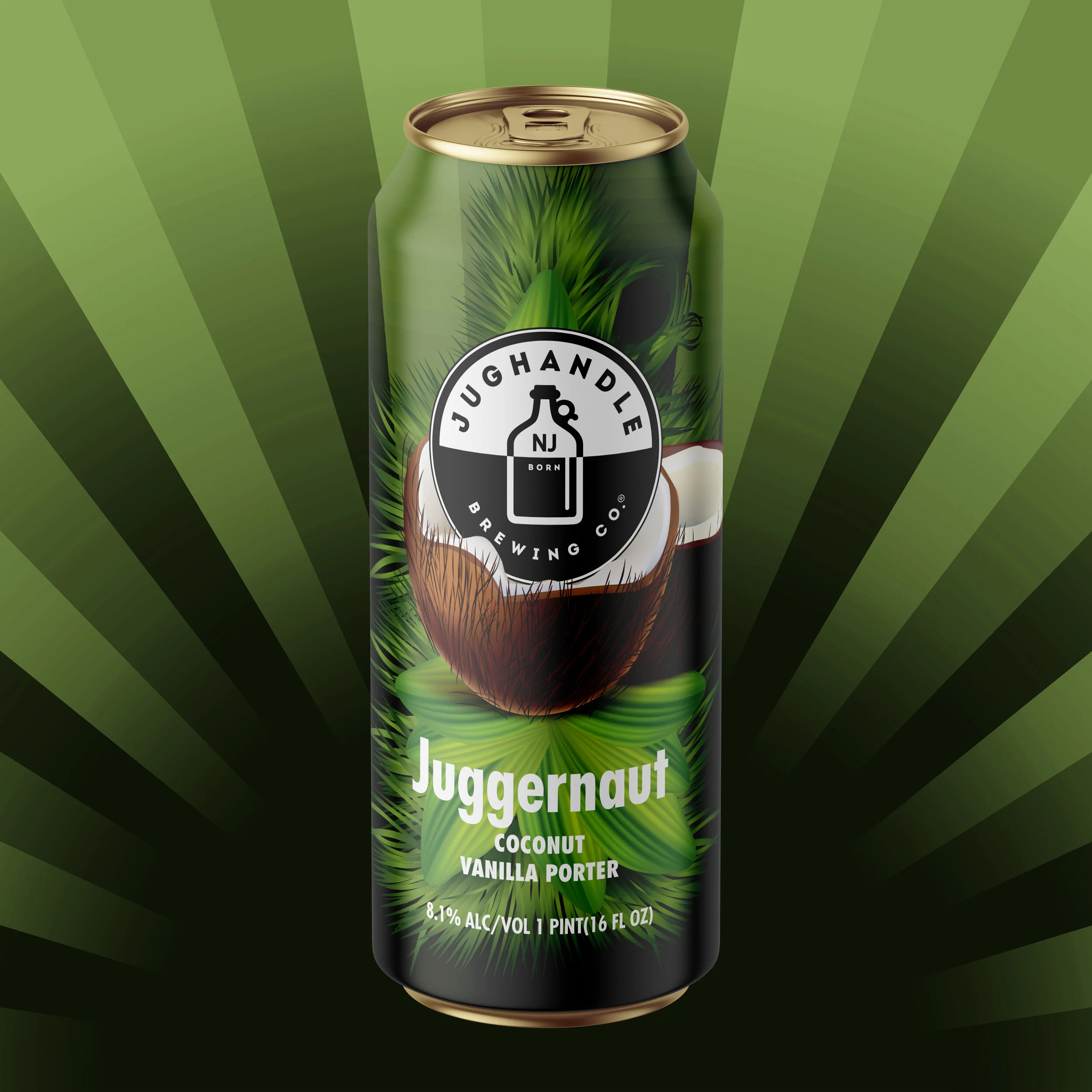 Green illustrated Juggernaut Coconut Vanilla Porter can rendering with tropical leaves and coconut motif