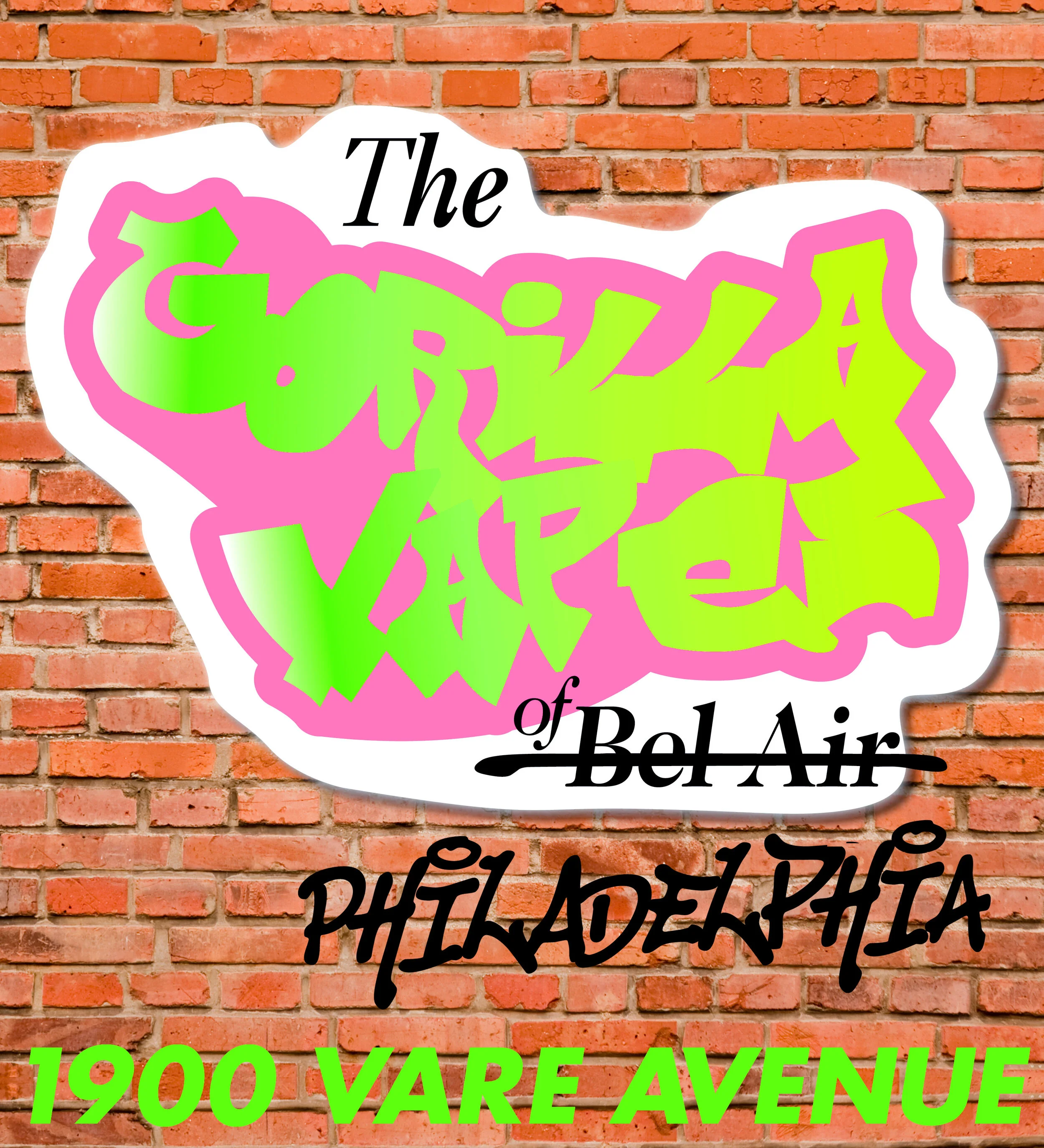 Colorful graffiti-inspired Philadelphia Gorilla Vapes location graphic on a brick wall