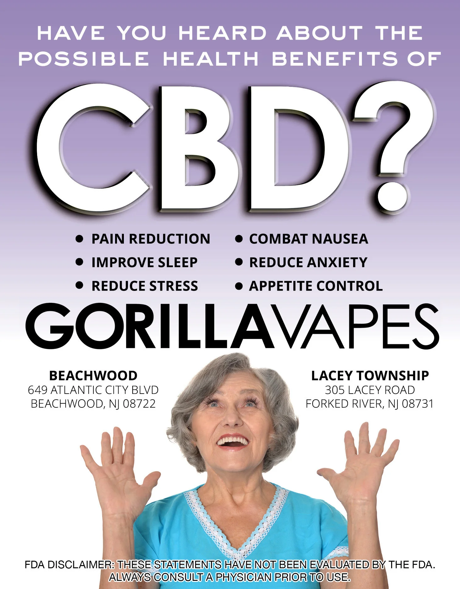 Archival Gorilla Vapes newspaper advertisement featuring large CBD lettering and store locations