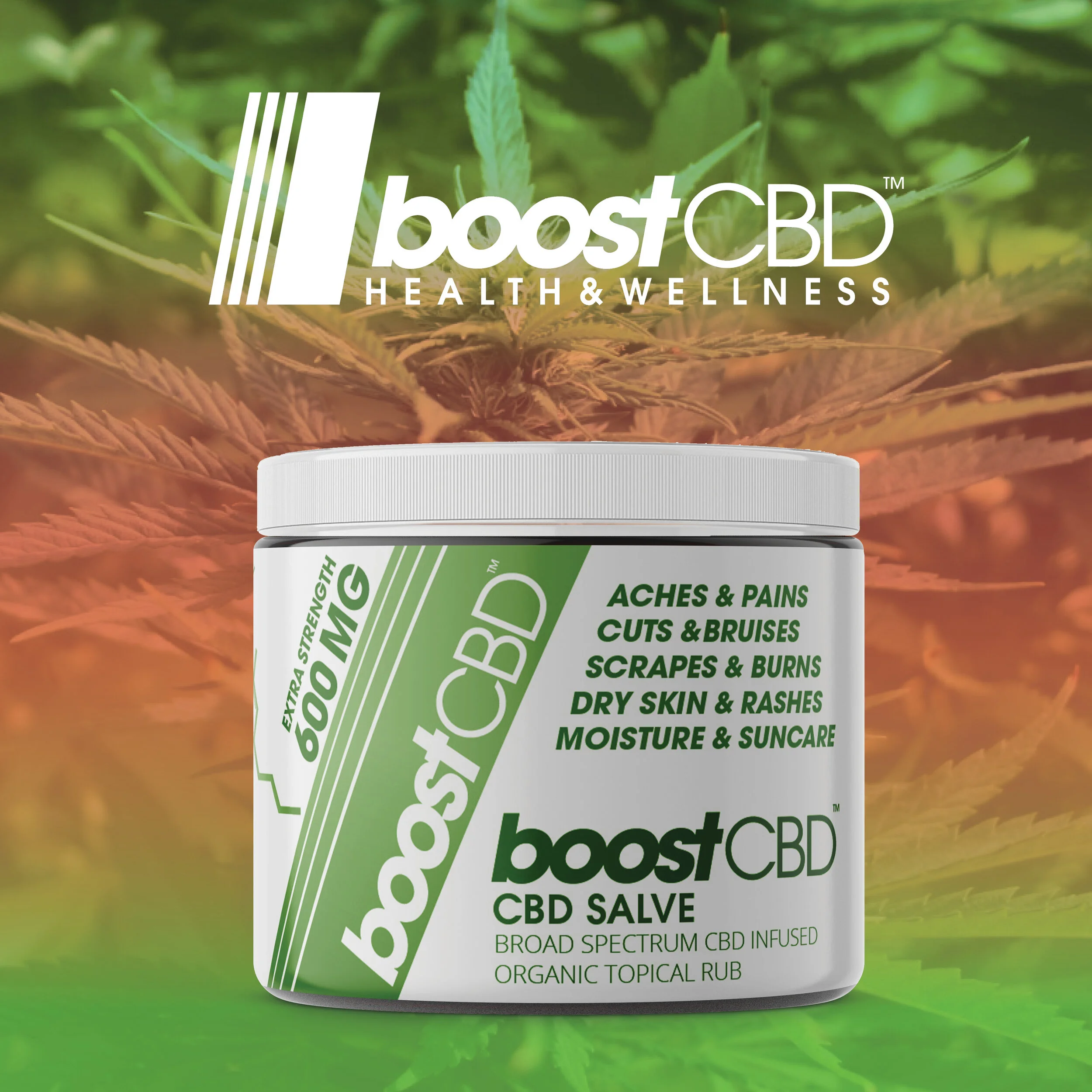 BoostCBD salve package design with brand mark and green graphic backdrop