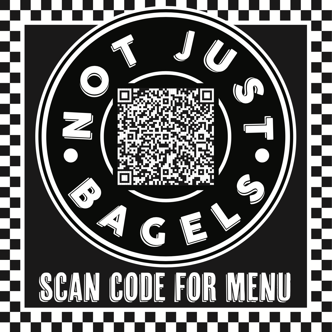 Archival black-and-white Not Just Bagels 2021 contactless menu scan code design