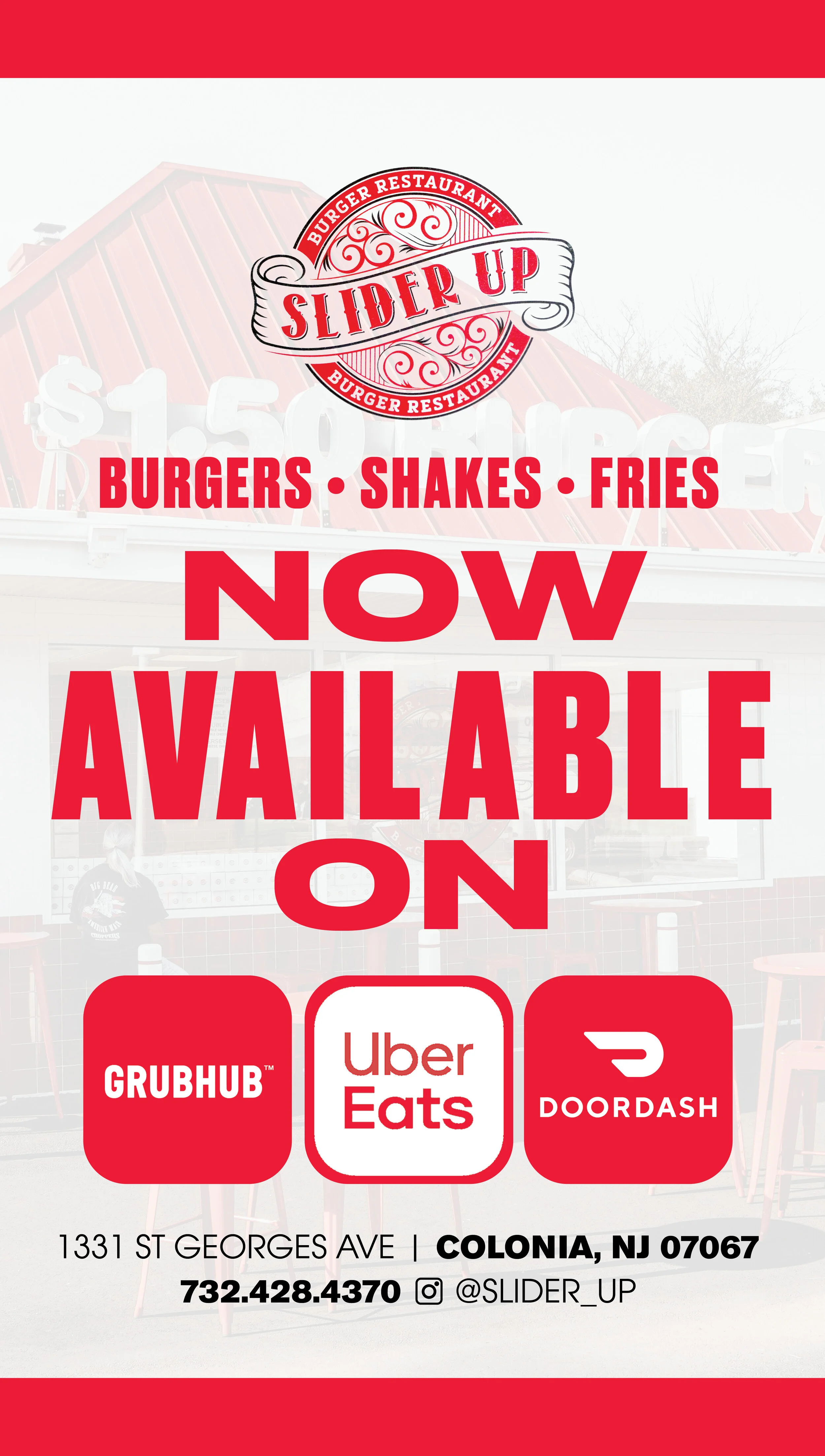 Original Slider Up red and white graphic promoting delivery through Grubhub Uber Eats and DoorDash