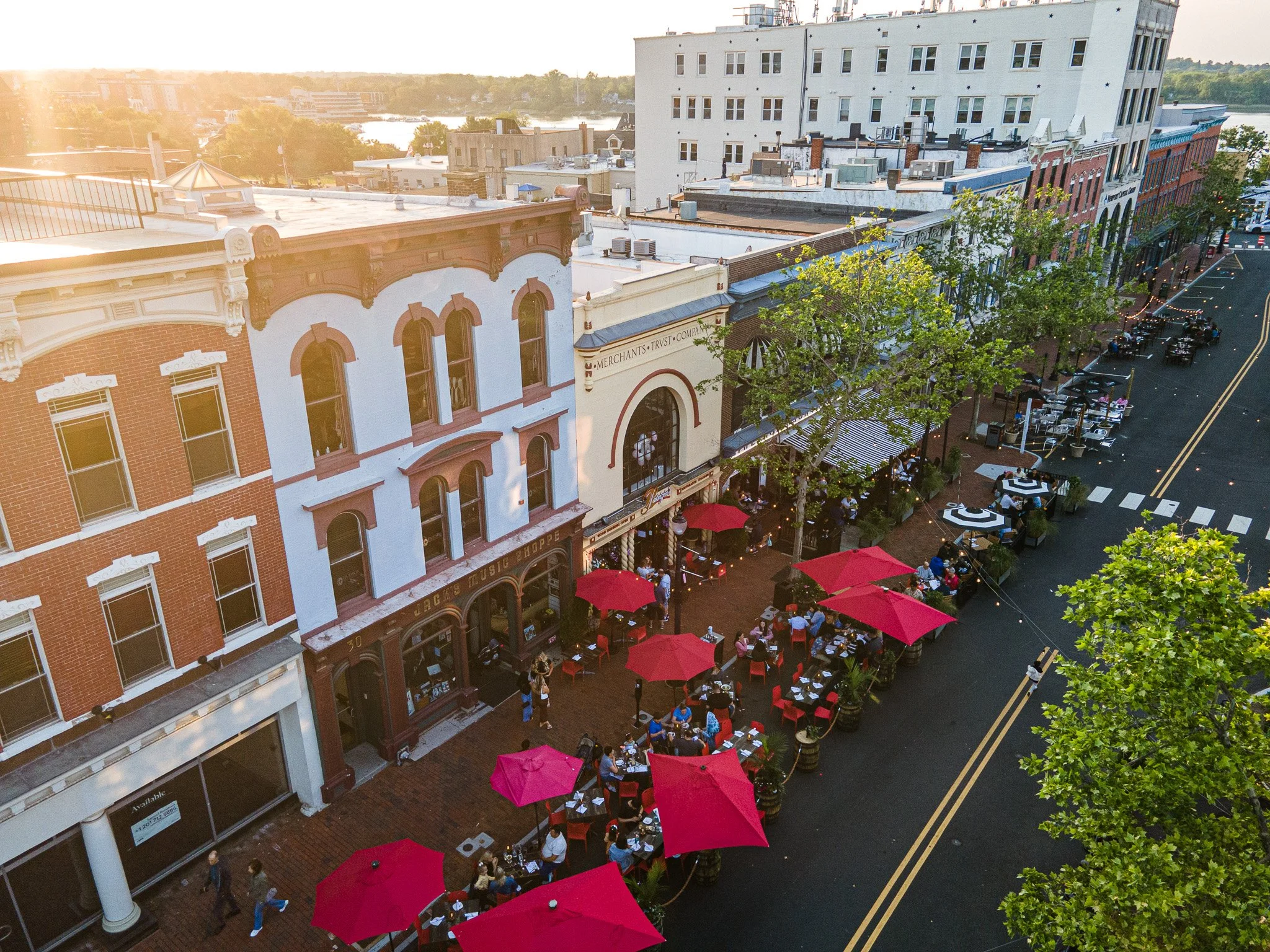 Aerial photograph of the restaurant streetscape at golden hour