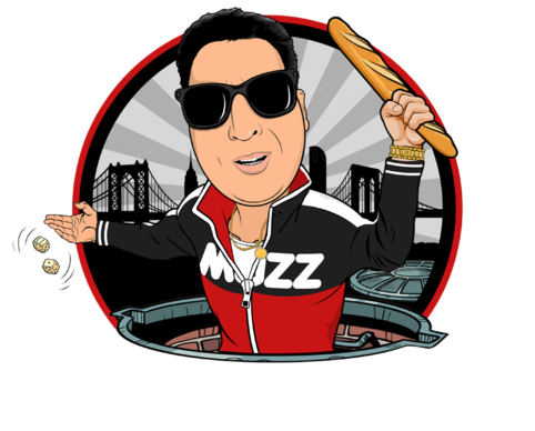 Illustrated Lil Mo Mozzarella character artwork with NYC bridges and a red circular border