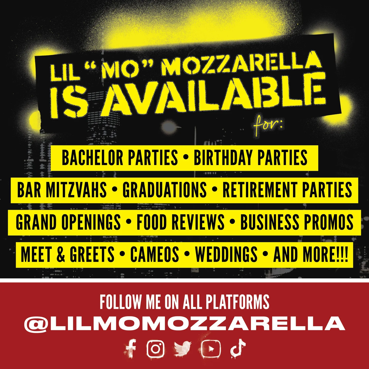 Yellow, black and red Lil Mo Mozzarella promotional flyer advertising appearances