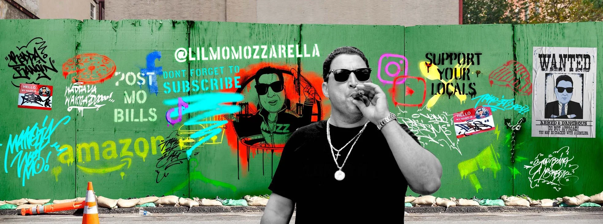 Lil Mo Mozzarella against a bright green street-wall collage with graffiti-style social graphics
