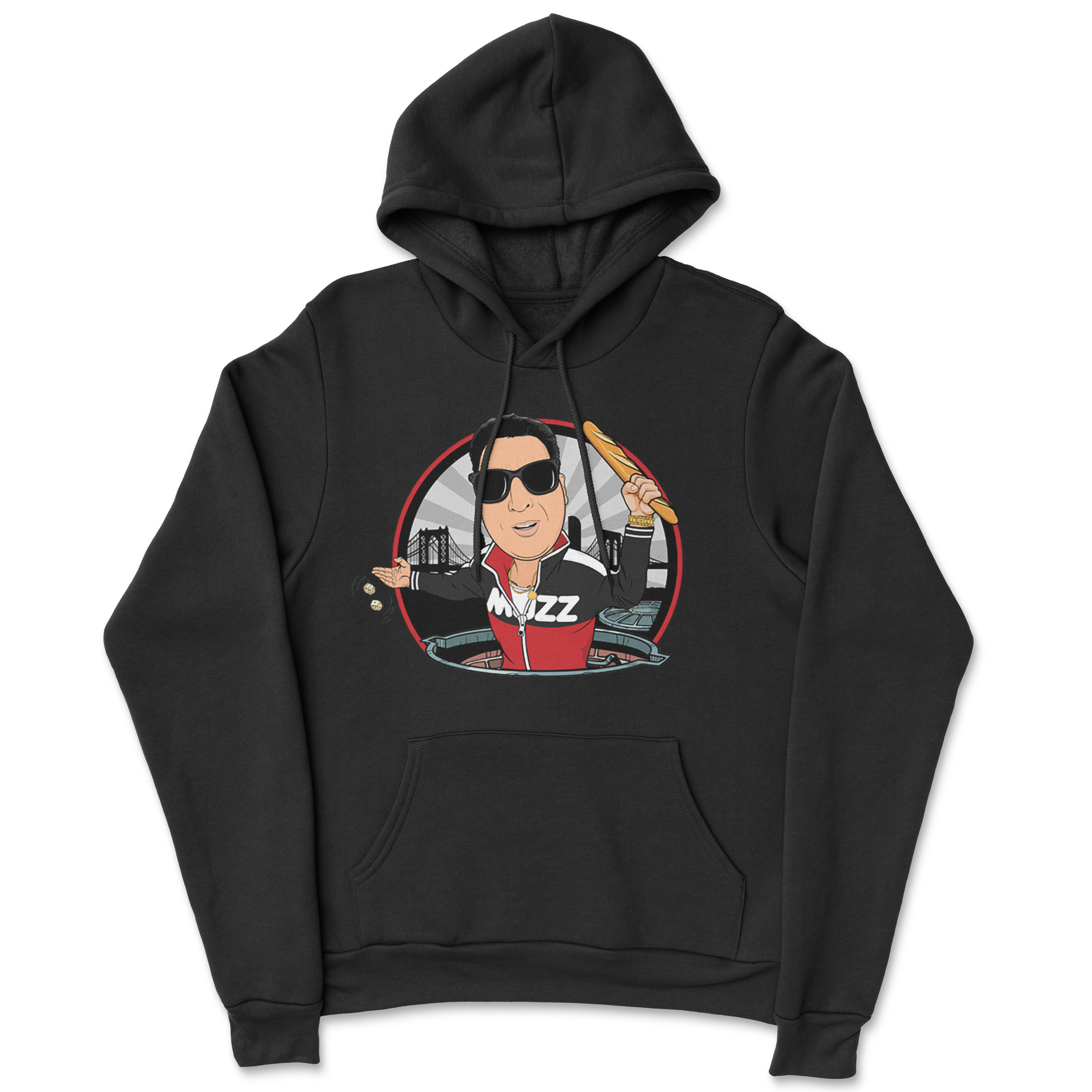 Black Lil Mo Mozzarella hoodie with illustrated character artwork on the chest