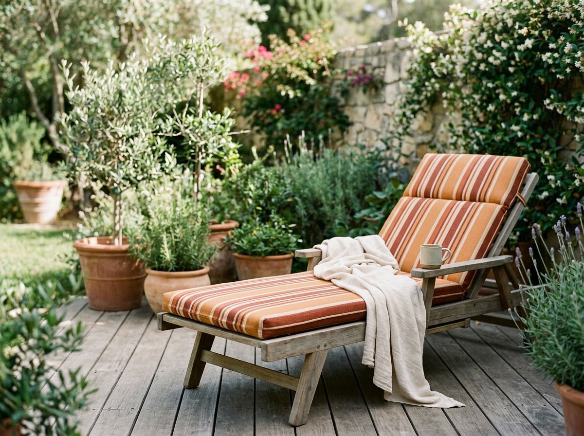 Outdoor wooden lounge chair with striped cushion and a beige throw blanket, surrounded by potted plants and flowers on a wooden deck.