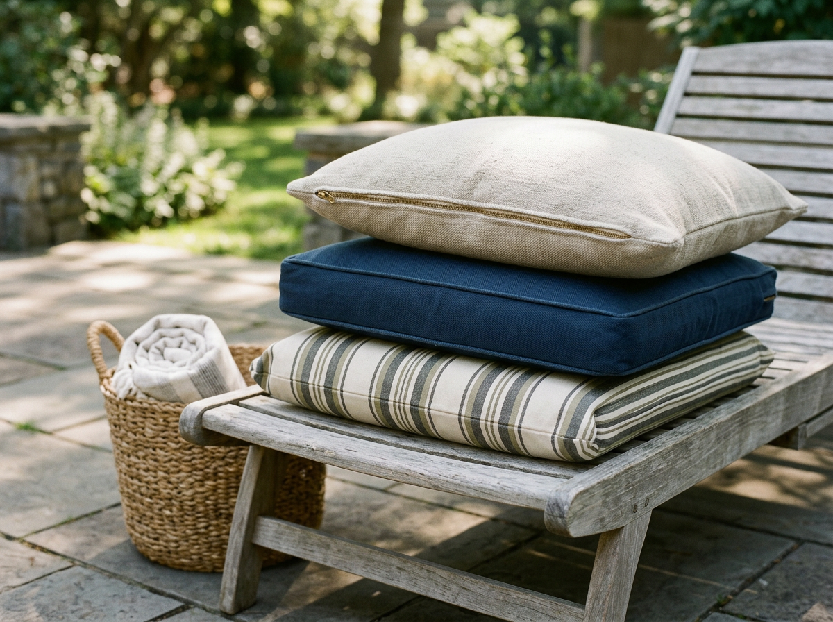 Stacked outdoor cushions on a wooden bench, with a basket of rolled towels nearby, in a garden setting.