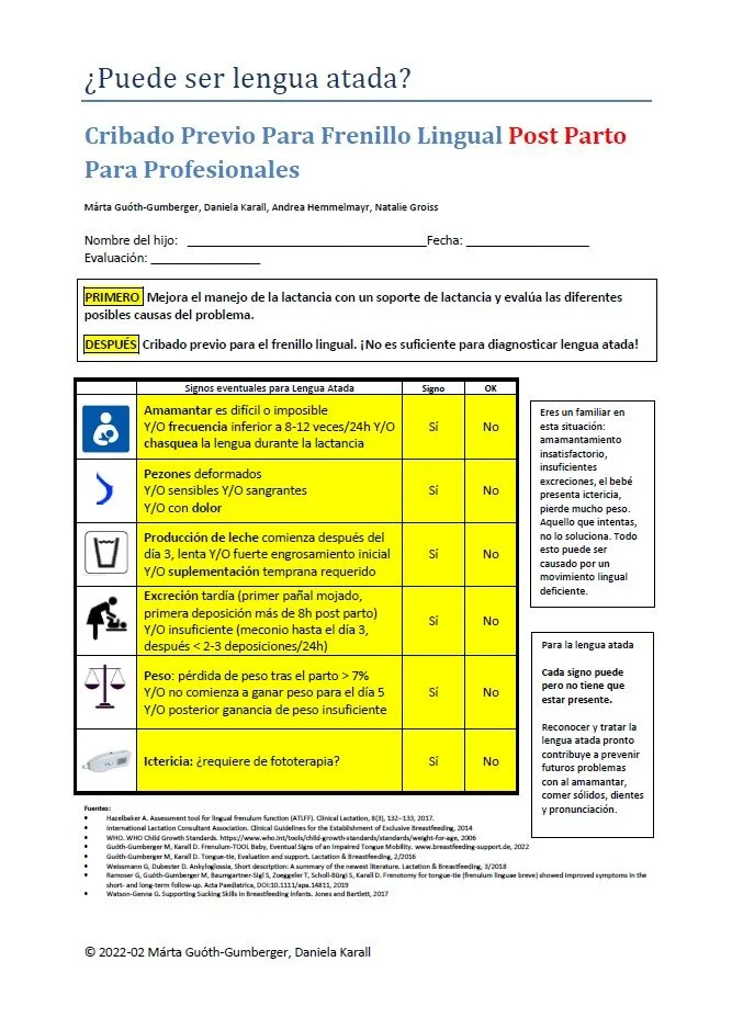 Pre-Screening for Lingual Frenulum AFTER BIRTH in SPANISH, Márta Guóth-Gumberger, Daniela Karall