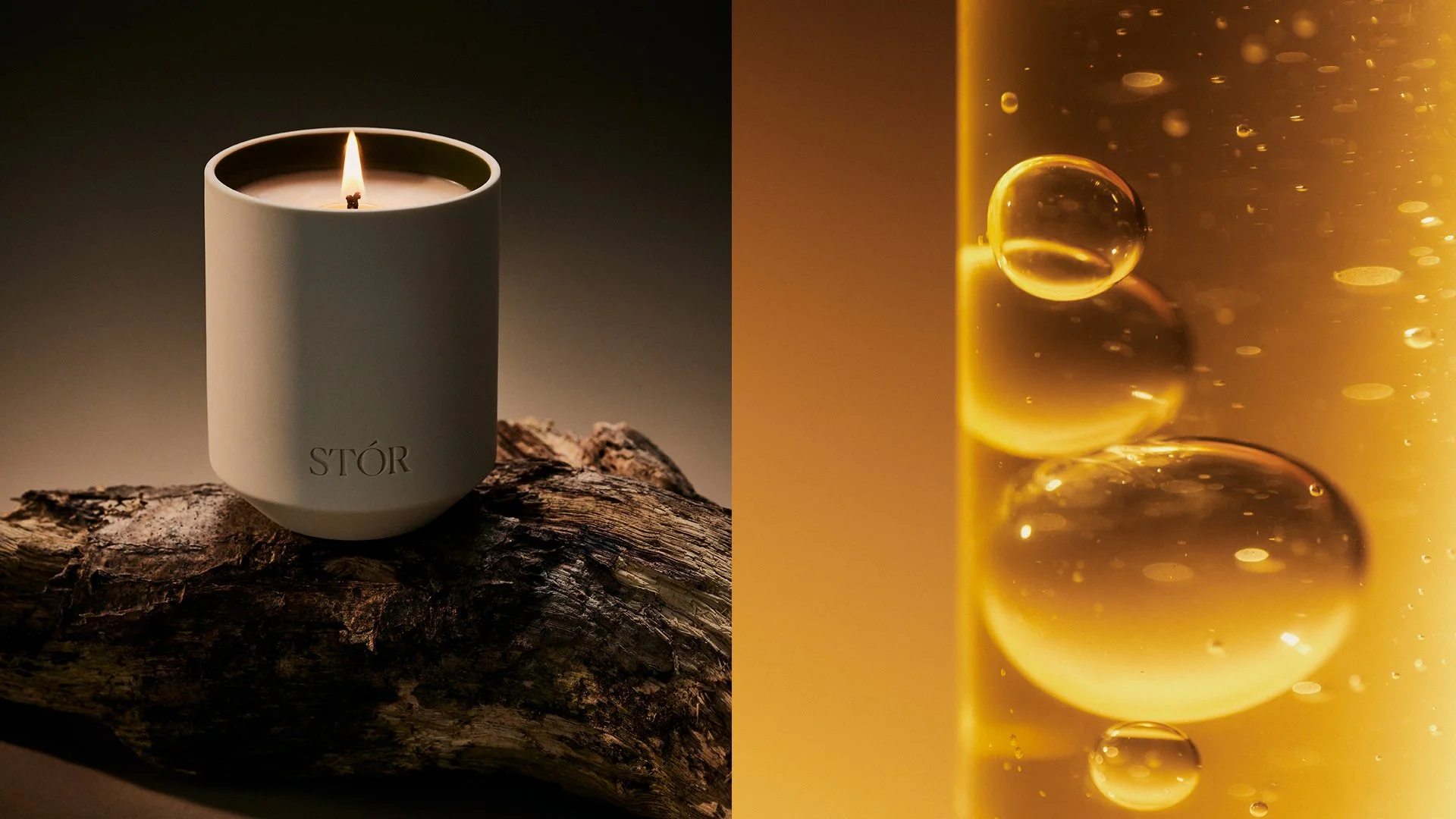 A white candle labeled 'STÓR' burns on a piece of wood on the left side, and a close-up of falling golden oil bubbles on the right side.