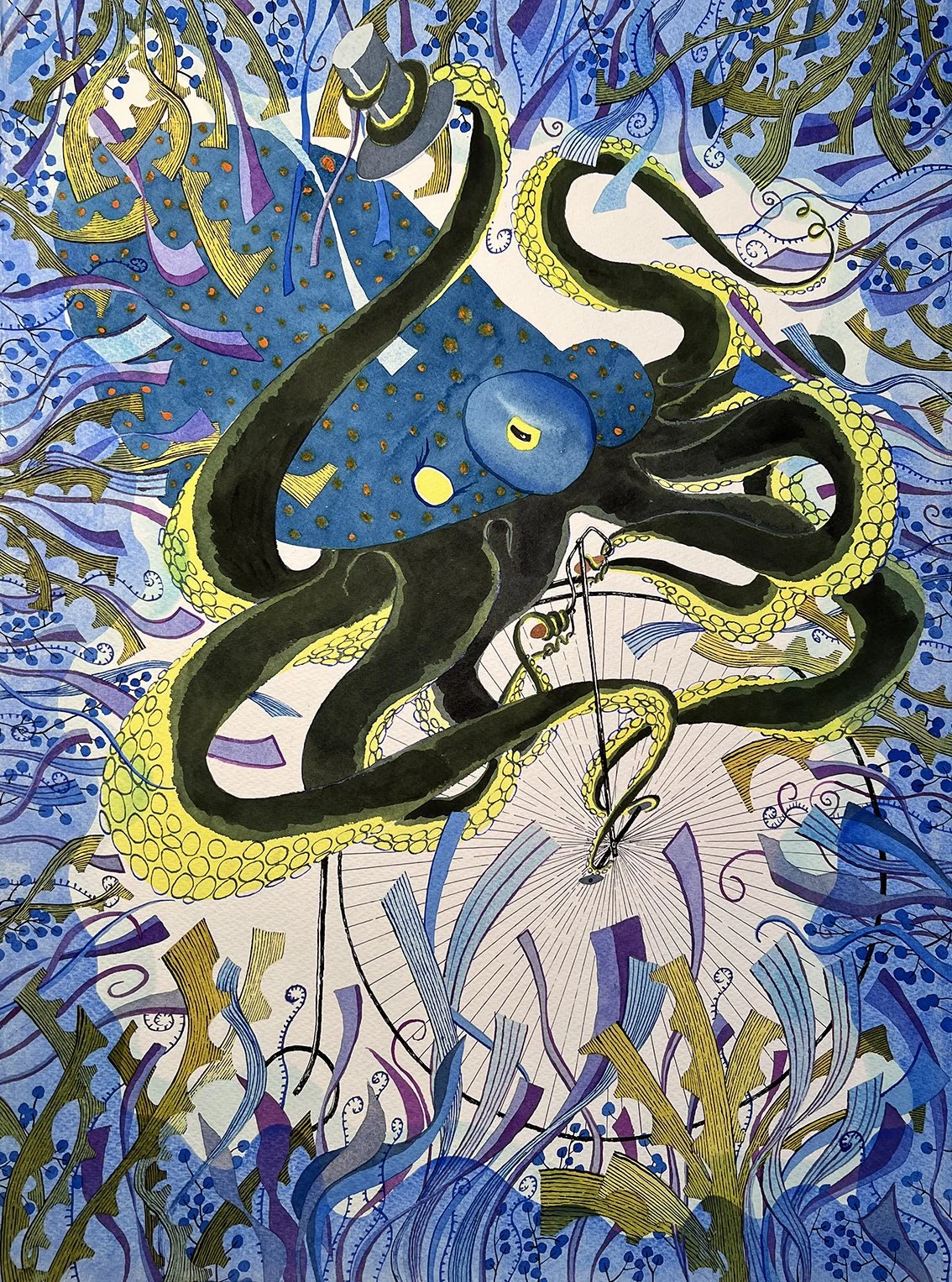 An Octopus riding a penny farthing bicycle