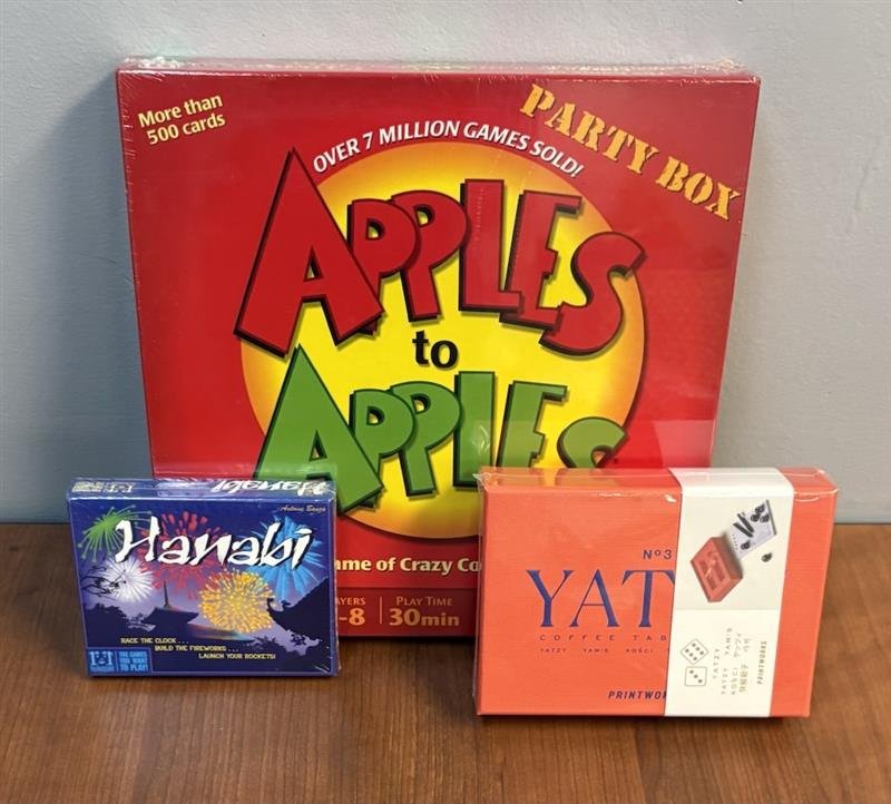 Friends of the Library: Apples to Apples, Hanabi, Yatzy games
