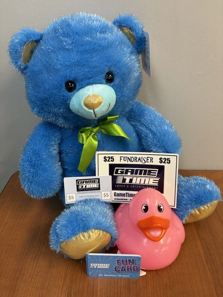 Gametime: 4 game cards for 1 hour each, 4 bowling cards ($5 each), t-shirt, pink rubber duck, and blue teddy bear