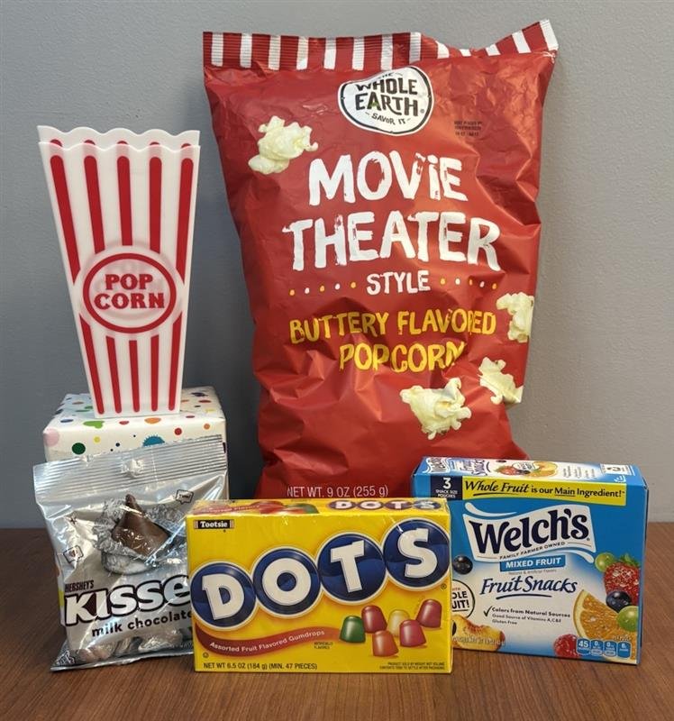 Friends of the Library: Candy and fruit snacks, movie theater popcorn