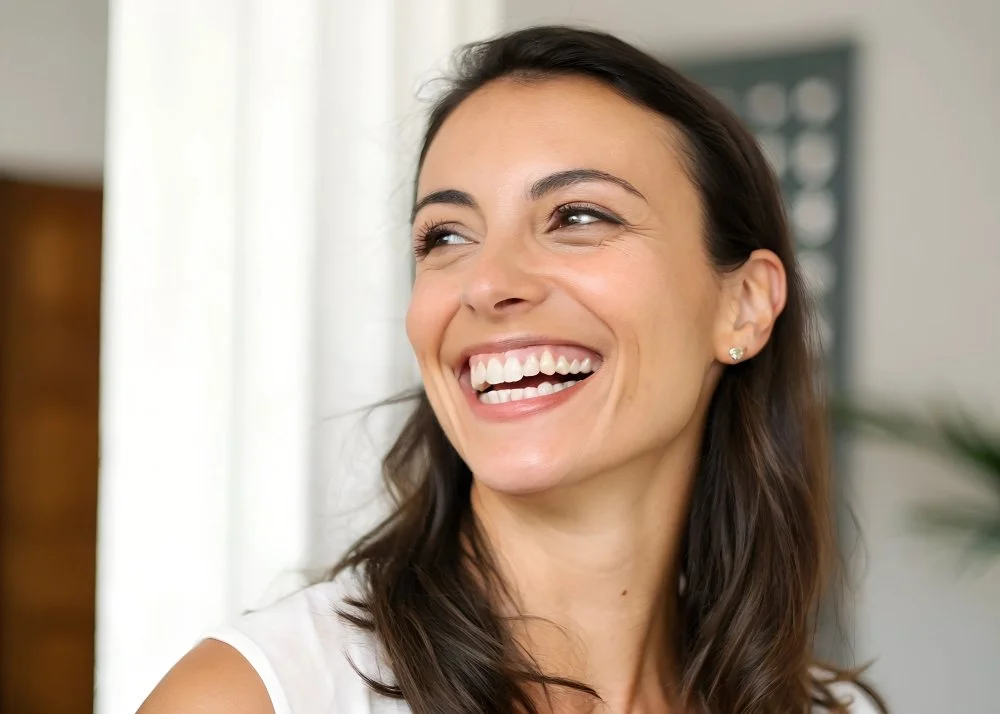 A woman with long dark hair smiling and looking to her right.