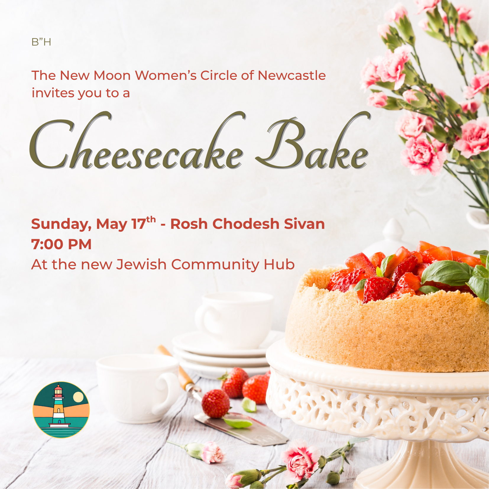 Join the New Moon Women’s Circle of Newcastle for a delightful  Cheesecake Bake as we celebrate Rosh Chodesh Sivan!   An evening of baking, laughter, and connection awaits.   Sunday, 17 May | 7pm  Venue TBC on booking!