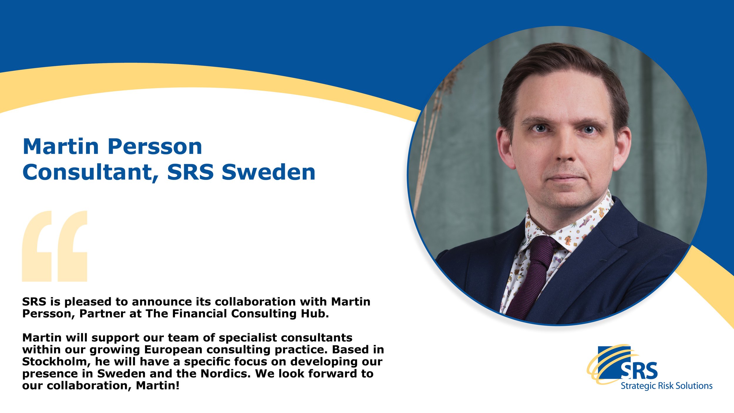 Announcement introducing Martin Persson as new partner at SRS Sweden, with his photo and company logo.