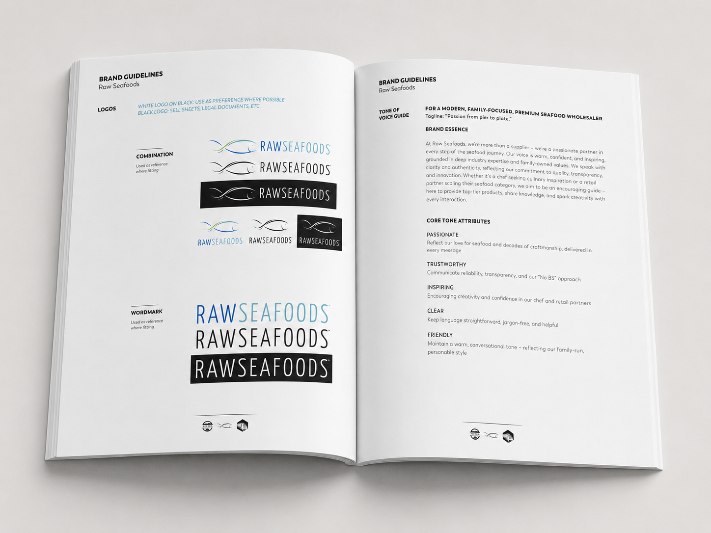 Open Raw Seafoods brand guidelines booklet mockup featuring logo layouts on the left page and tone of voice guide on the right page.