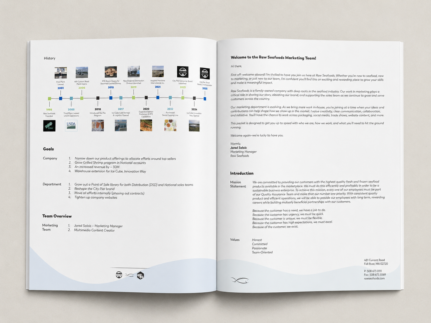 Open Raw Seafoods onboarding booklet mockup with company history, goals, welcome letter, and mission statement pages.