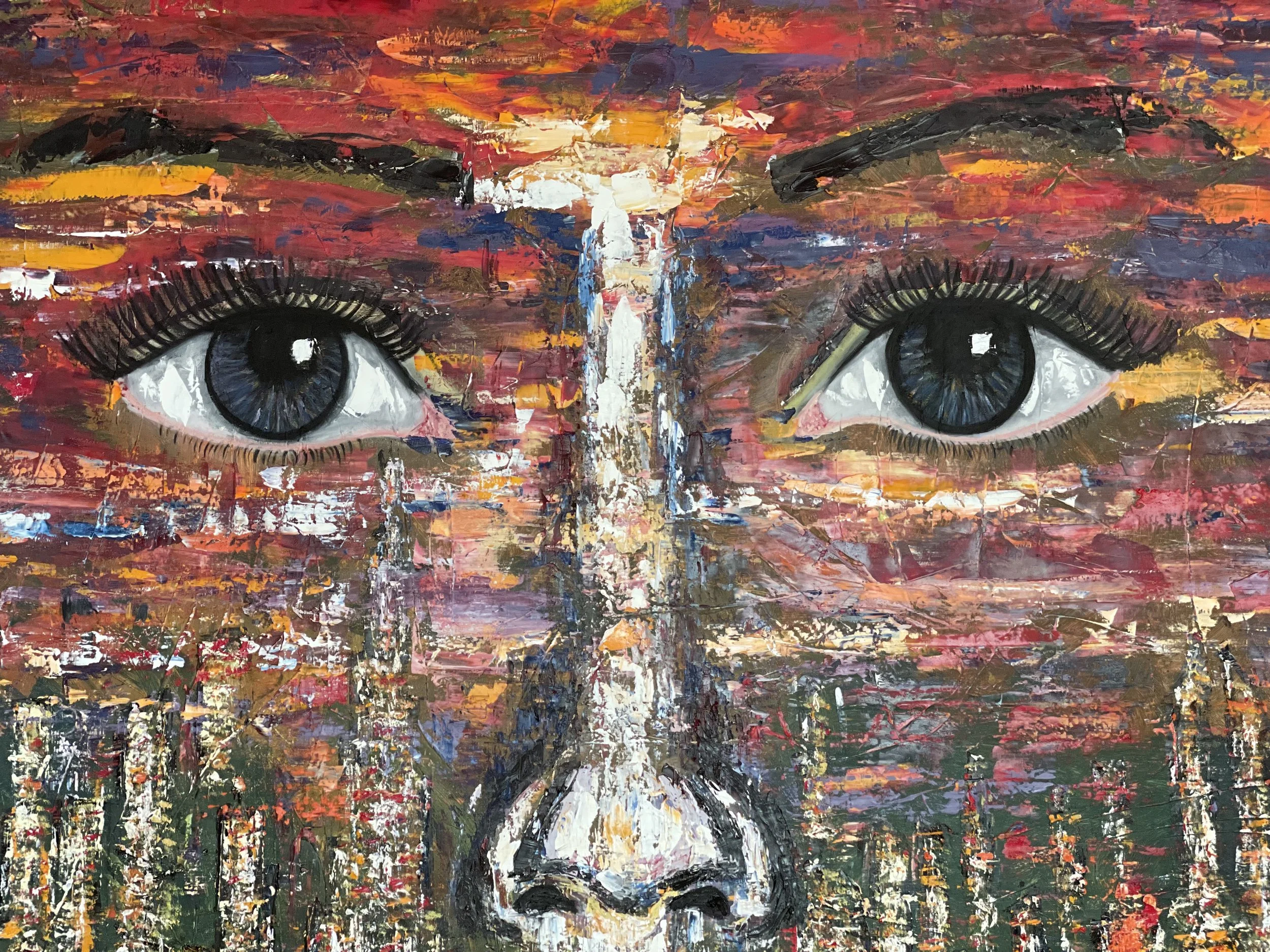 Abstract painting of a woman's face with large blue eyes and thick eyelashes, blending vibrant brushstrokes of orange, red, purple, and green colors.