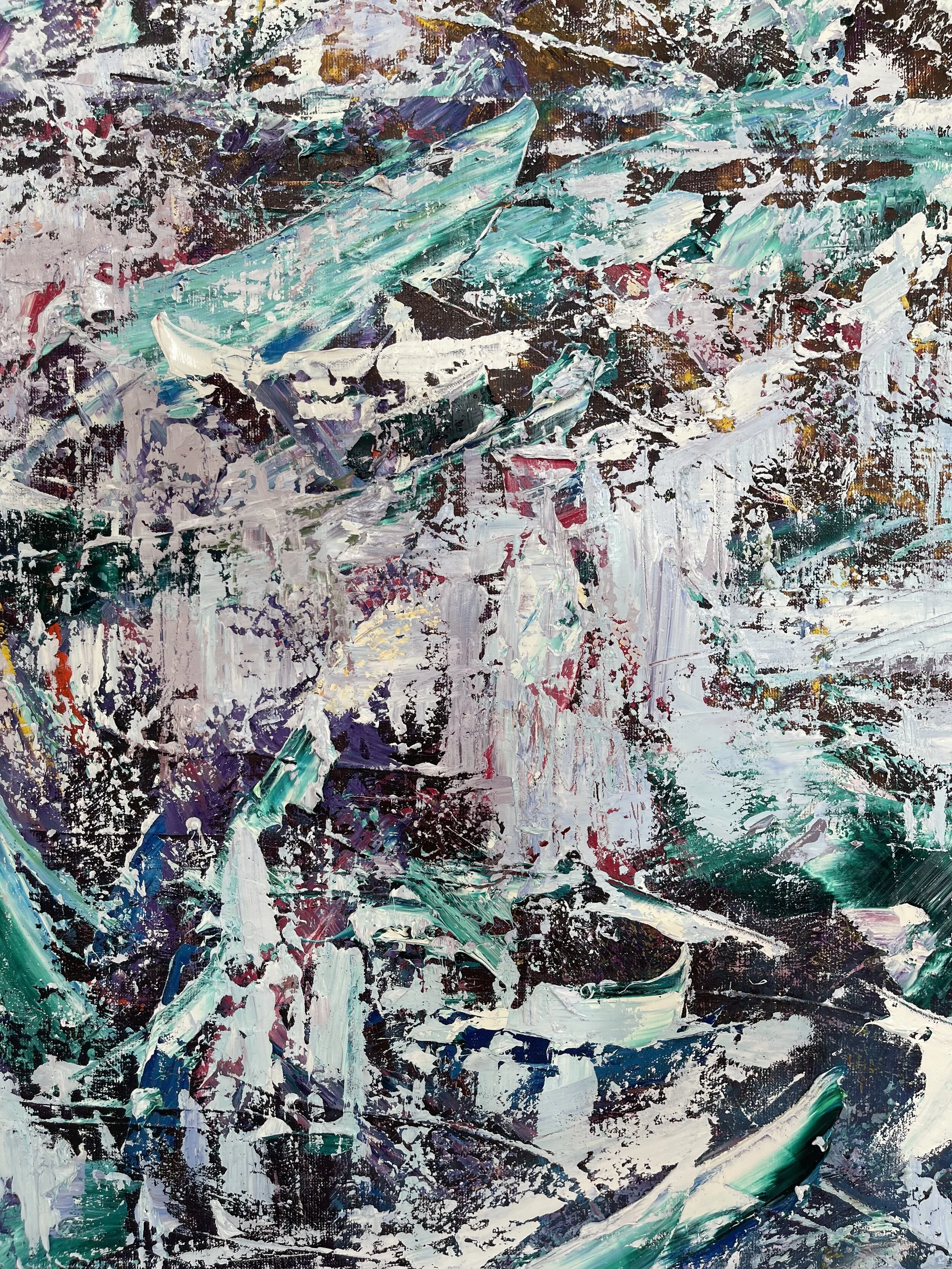 Abstract painting featuring bold, textured strokes of white, turquoise, purple, black, and hints of pink.